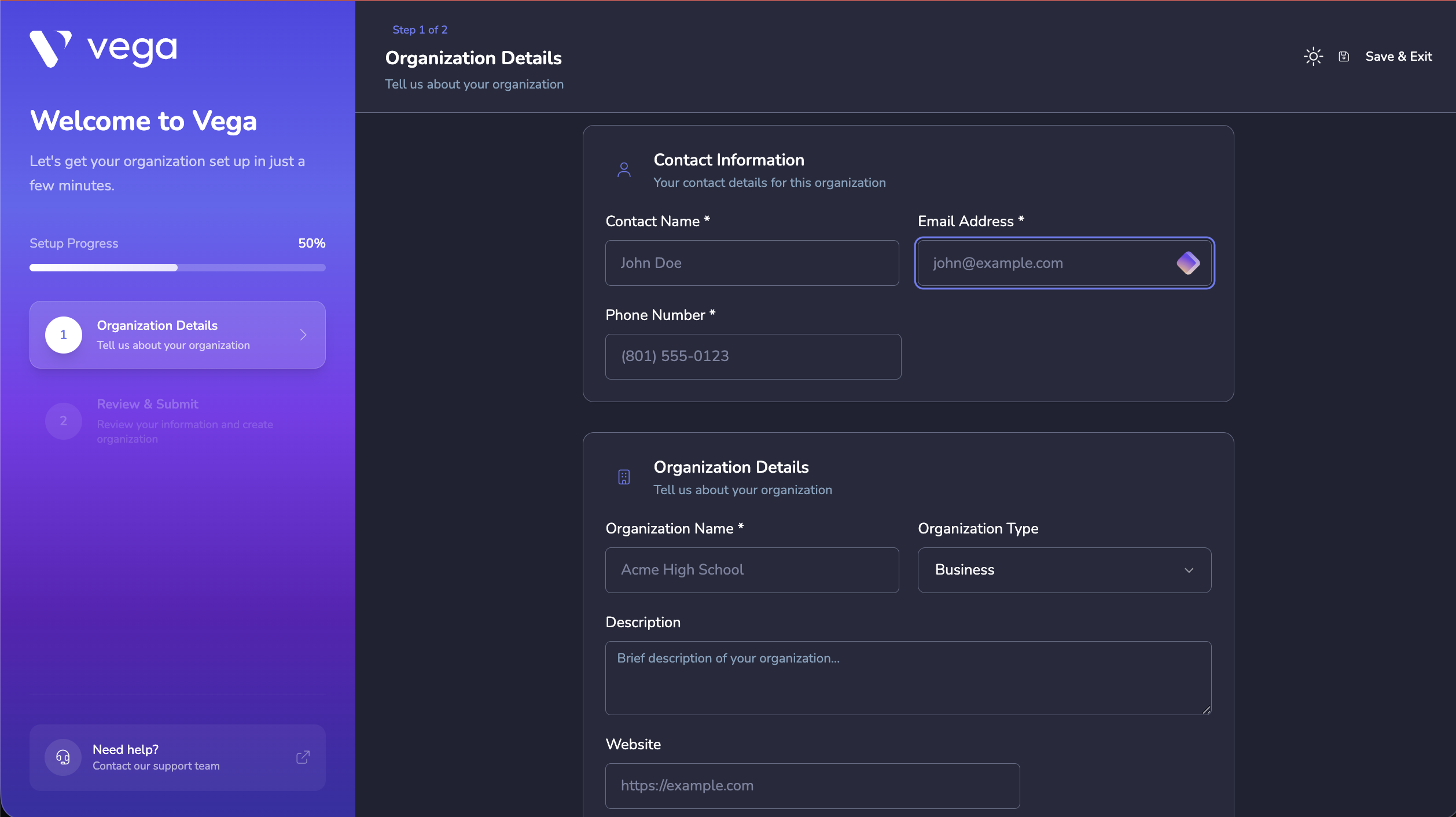 Vega onboarding page