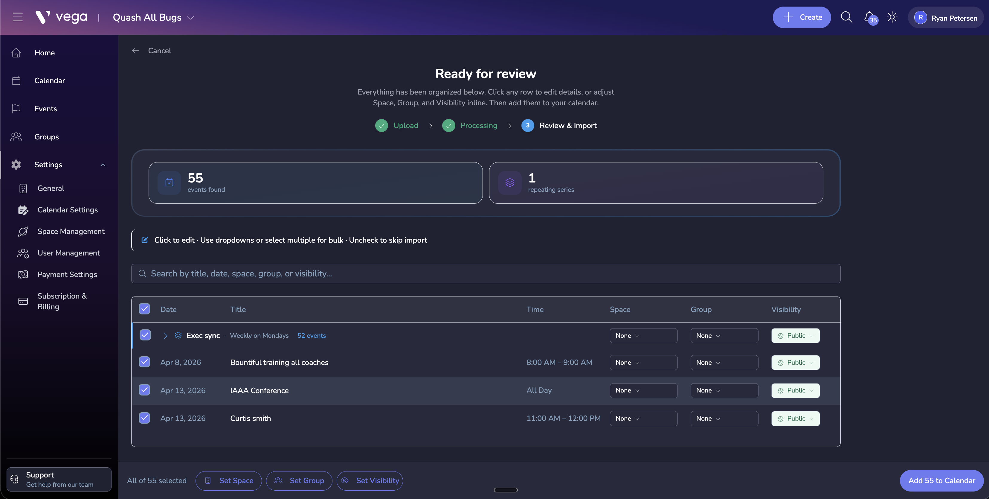 Imported calendar details ready for review