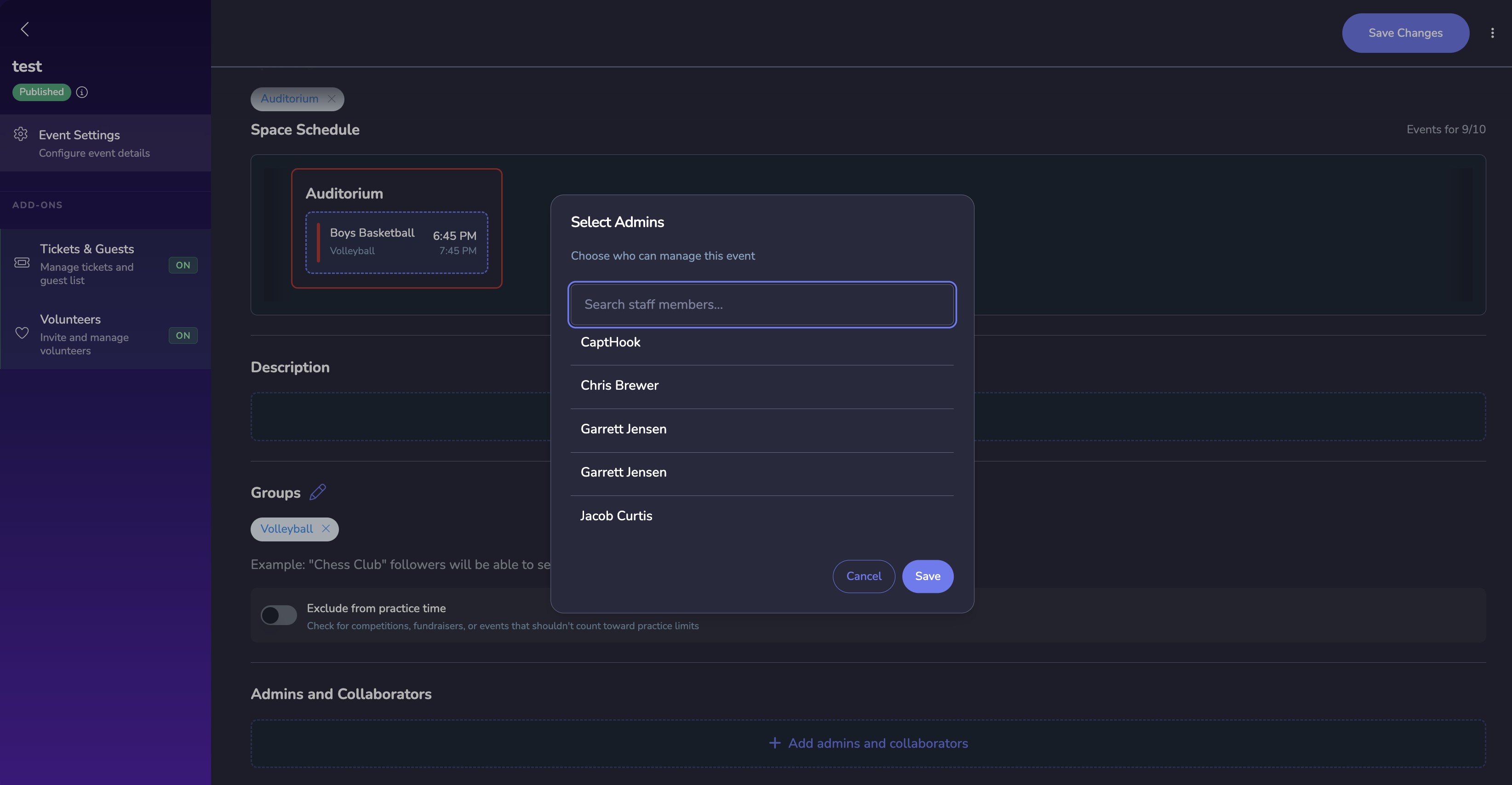 Adding an admin to the event
