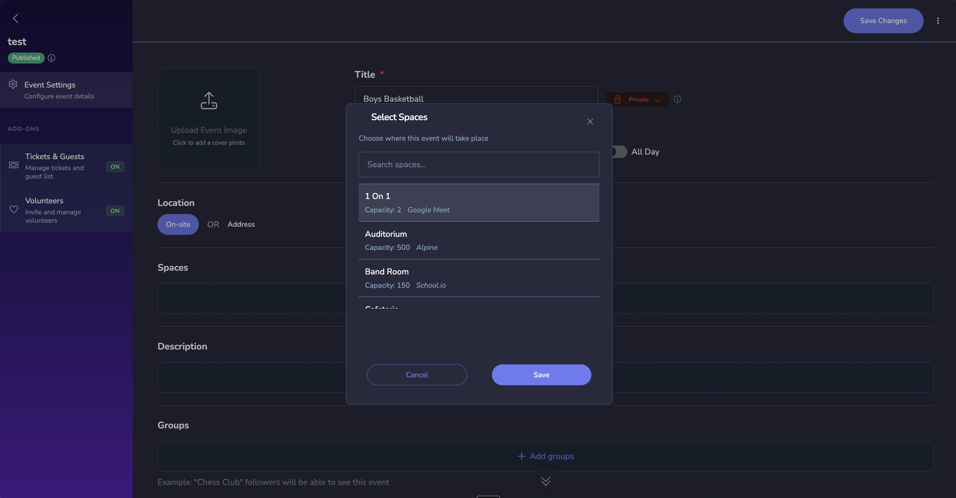 Adding a space to an event