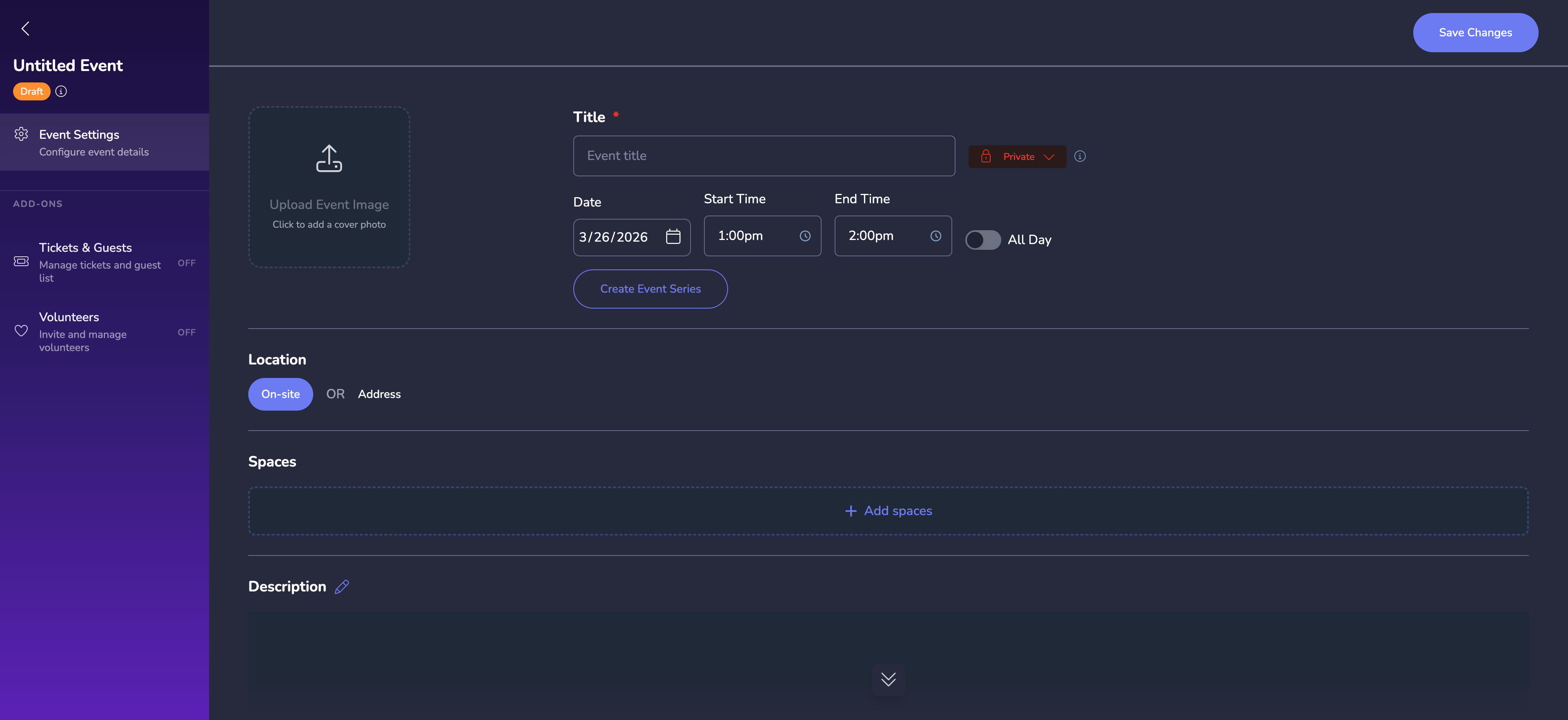 Empty event creation form