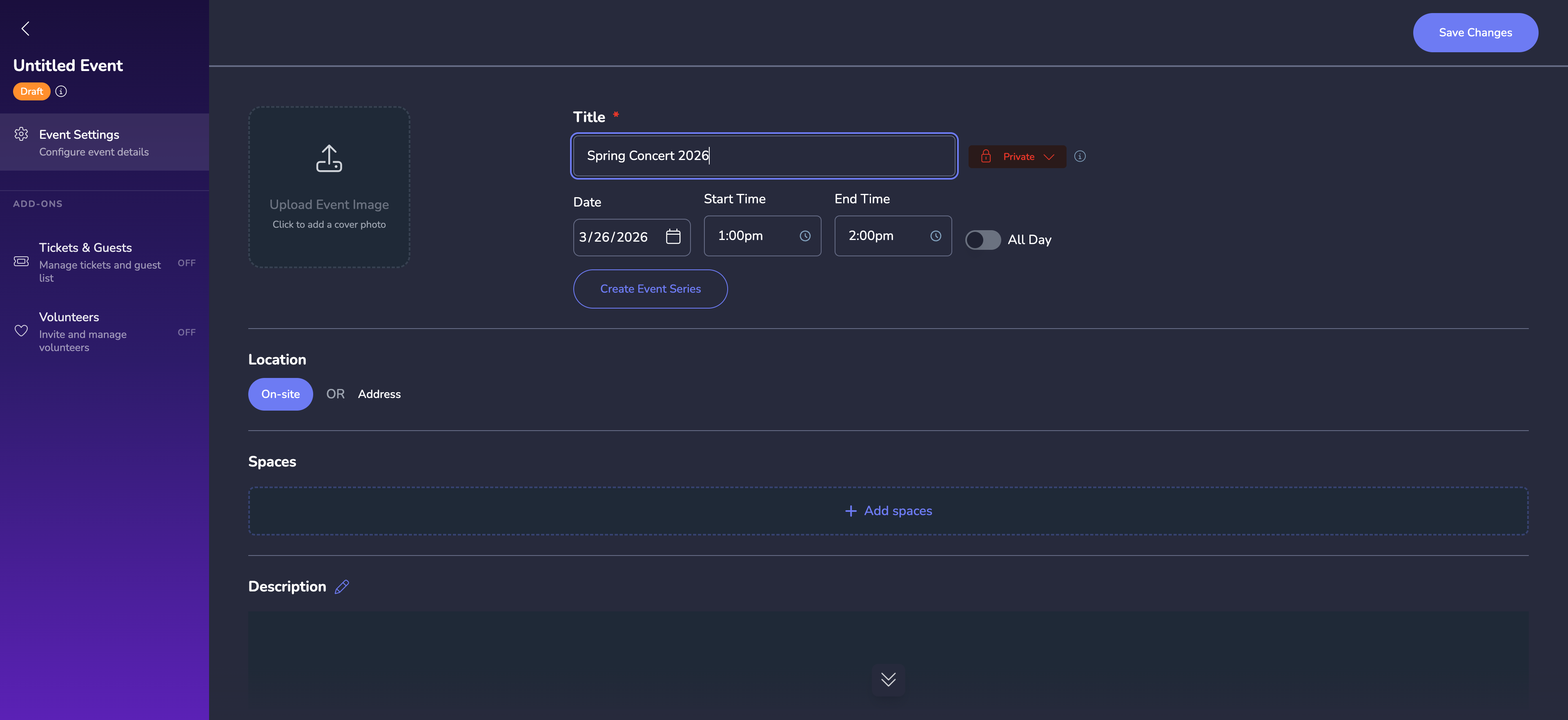Lower portion of the event form