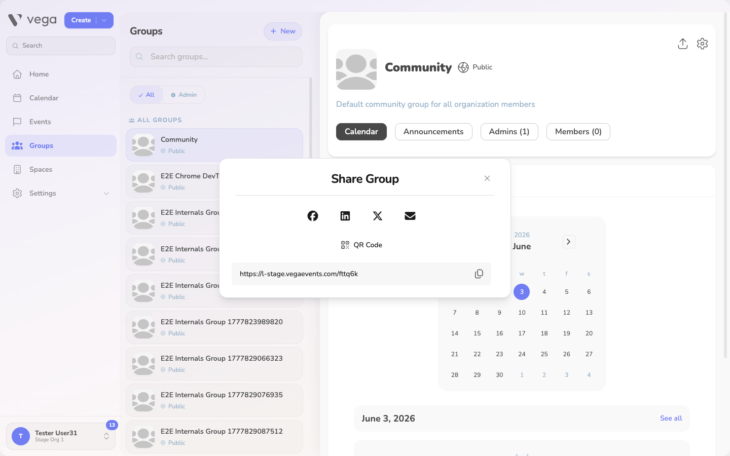 Share Group window with copy link and QR code options