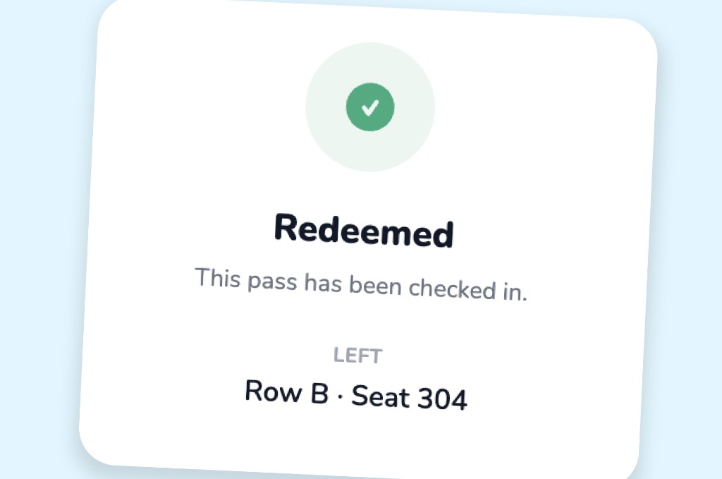 A redeemed pass checked in for row B, seat 304