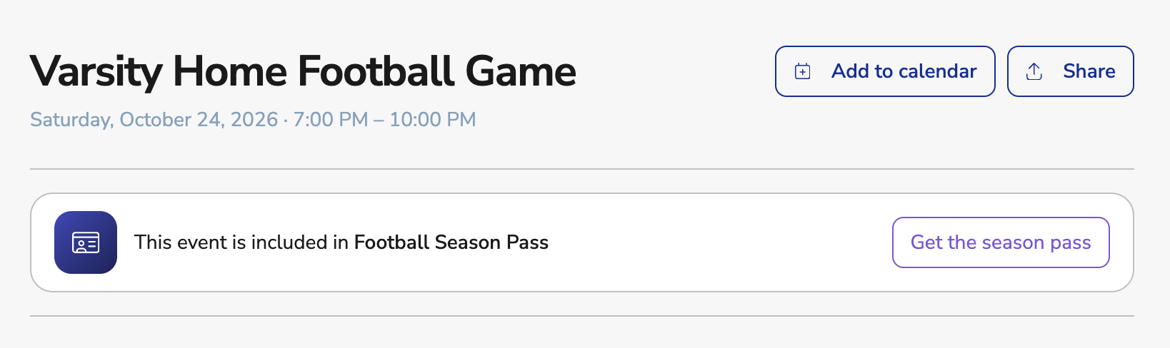 An event page showing This event is included in Football Season Pass, with a Get the season pass button