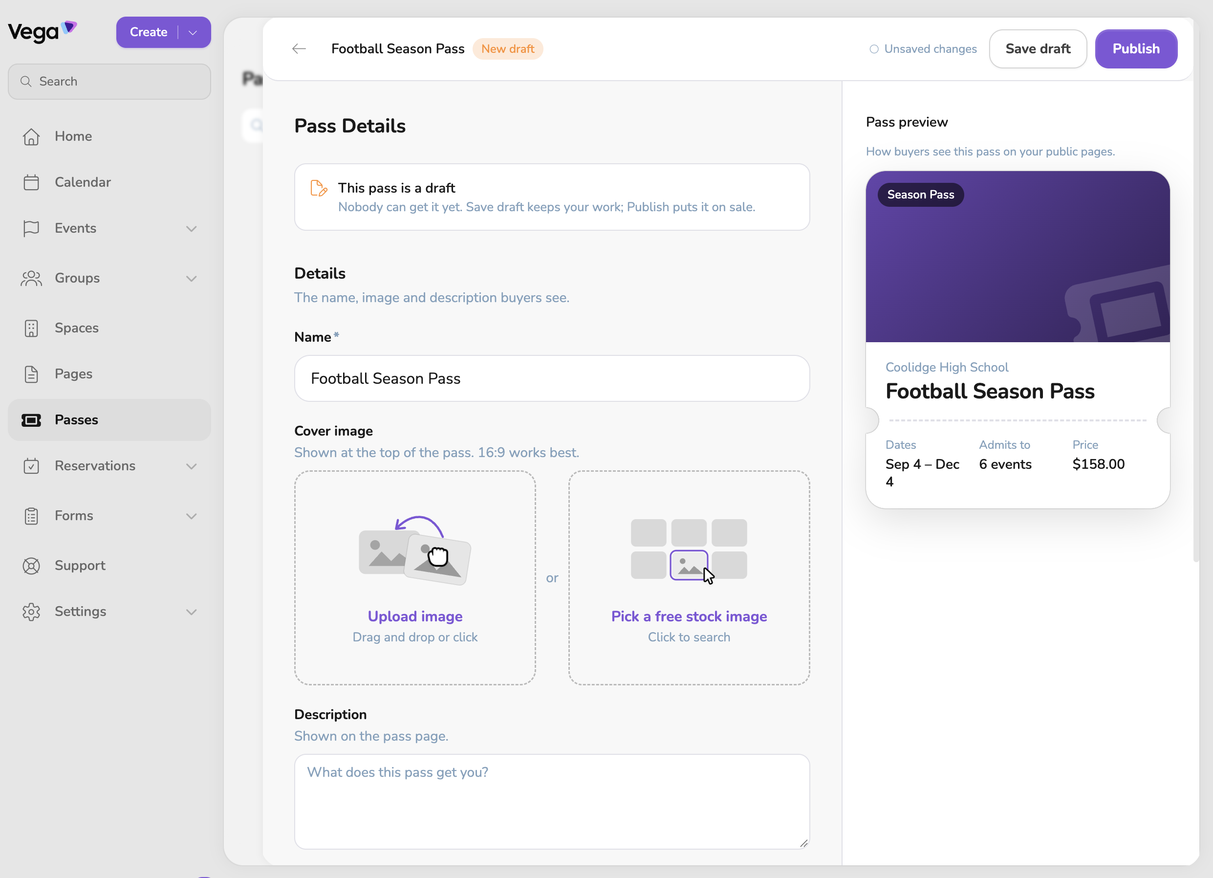 The pass editor, with Pass Details on the left and Pass preview on the right