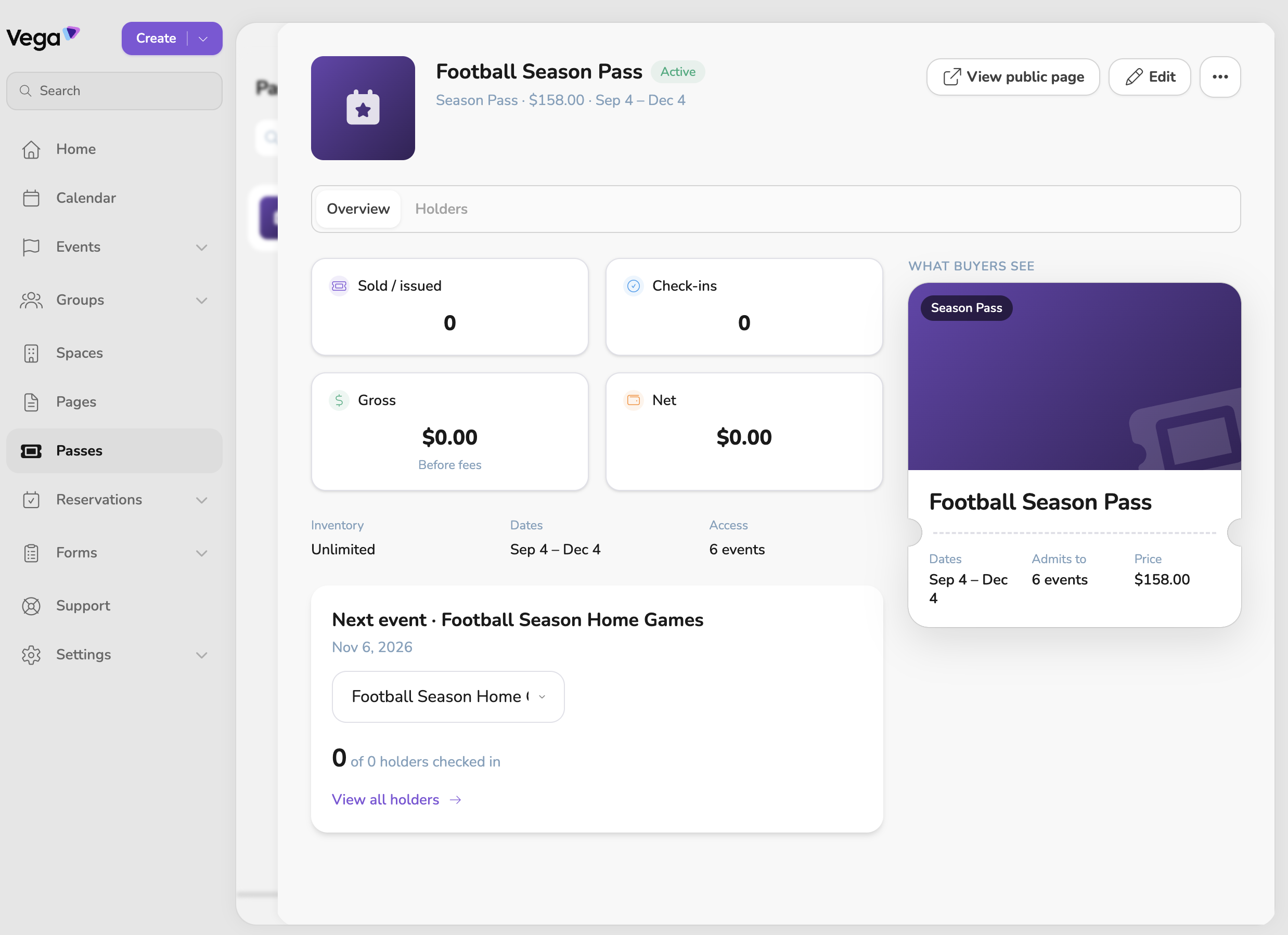 A published pass on its Overview tab, with sales, check-ins, and What buyers see