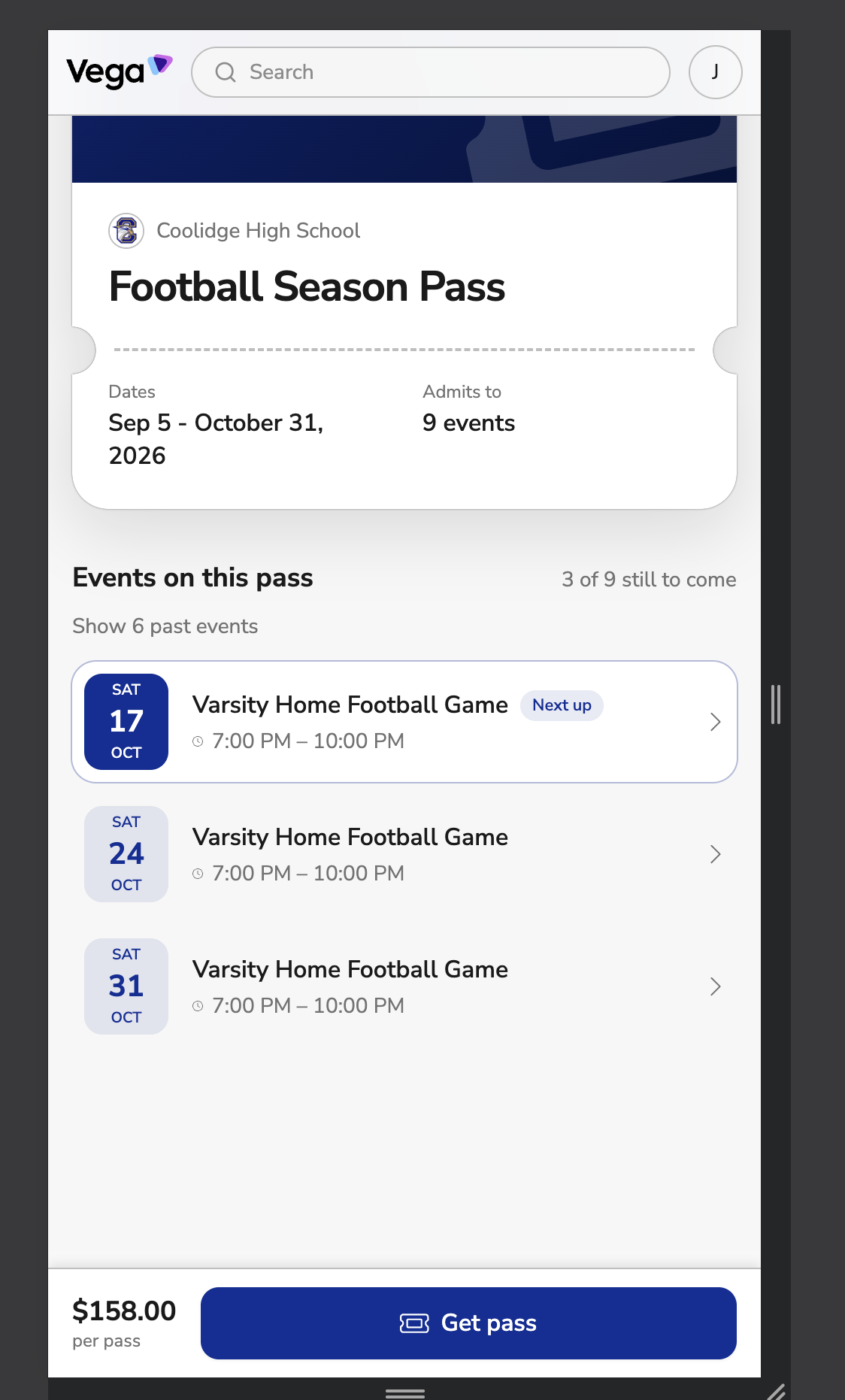 The same pass on a phone, listing its events with Next up on the first one, and Get pass pinned at the bottom