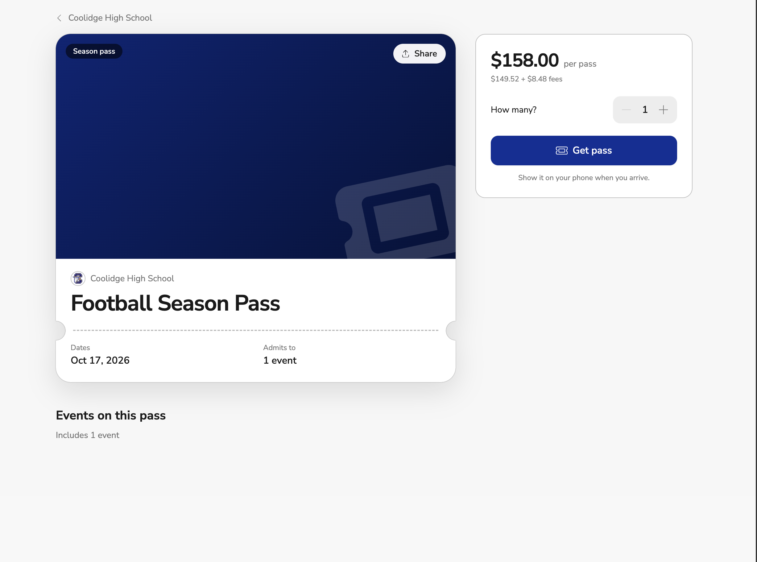 A season pass page with the price and fees, a How many? picker, and a Get pass button