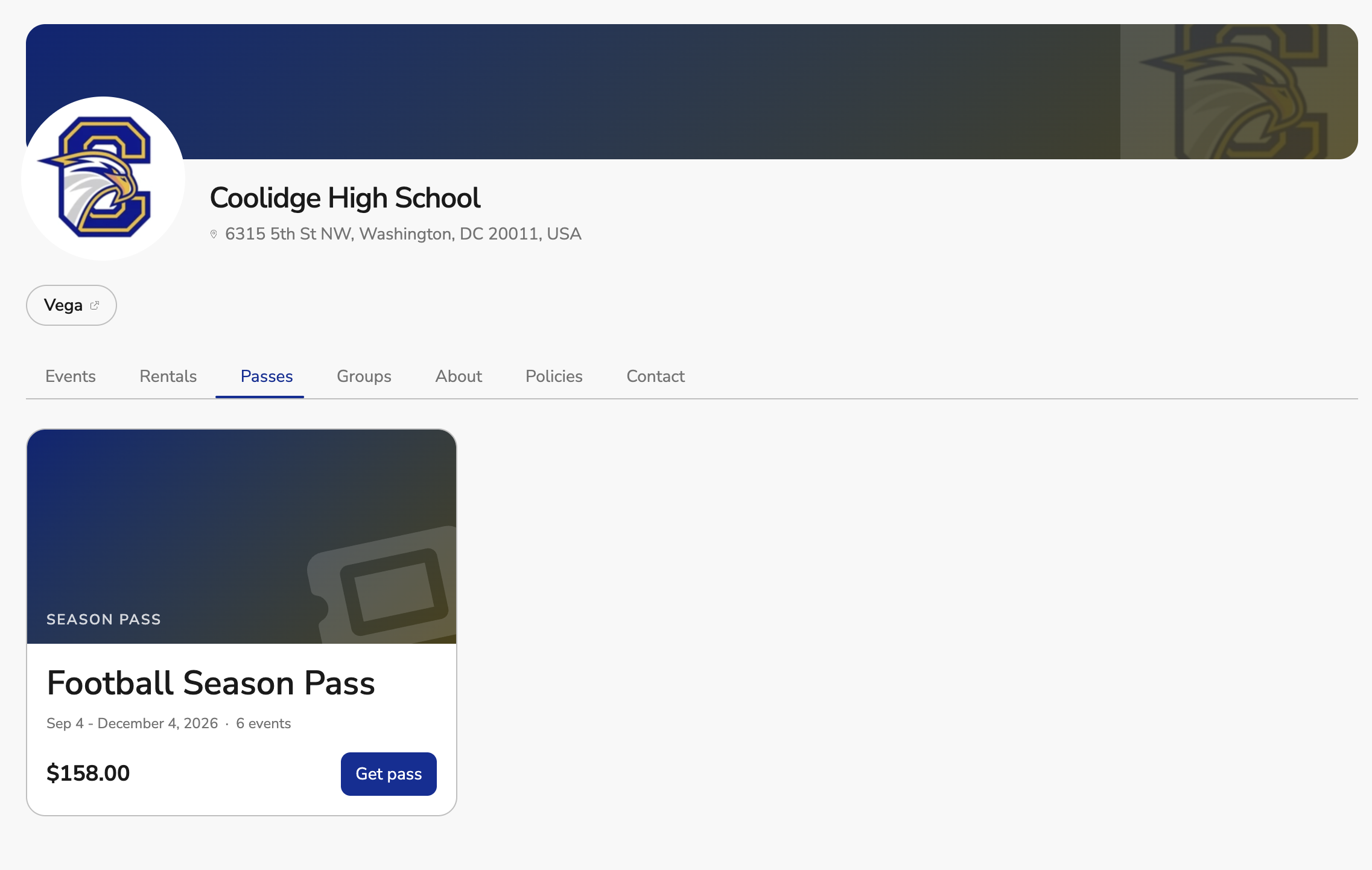 The Passes tab on a school’s public page, with a Football Season Pass card and a Get pass button
