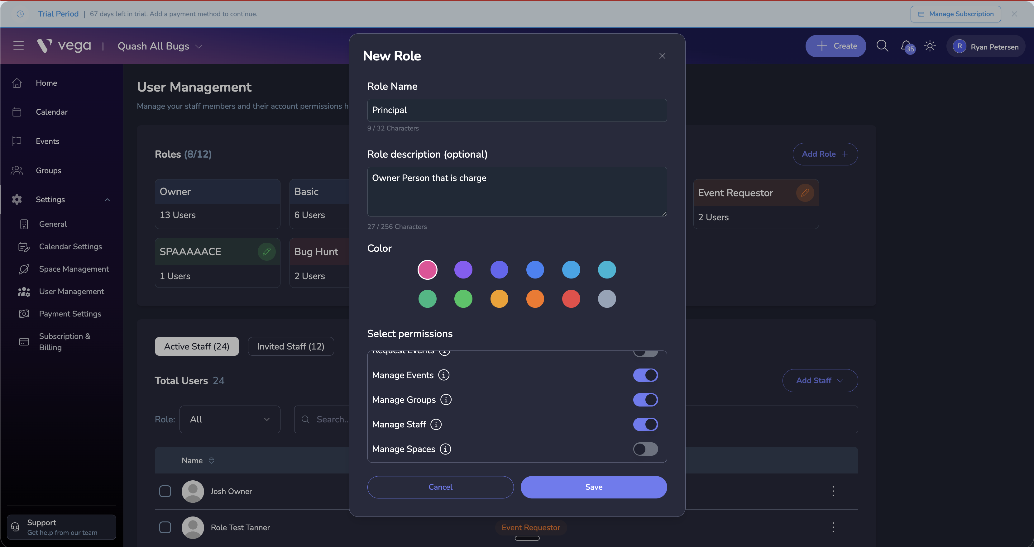 Filling out role details and selecting permissions