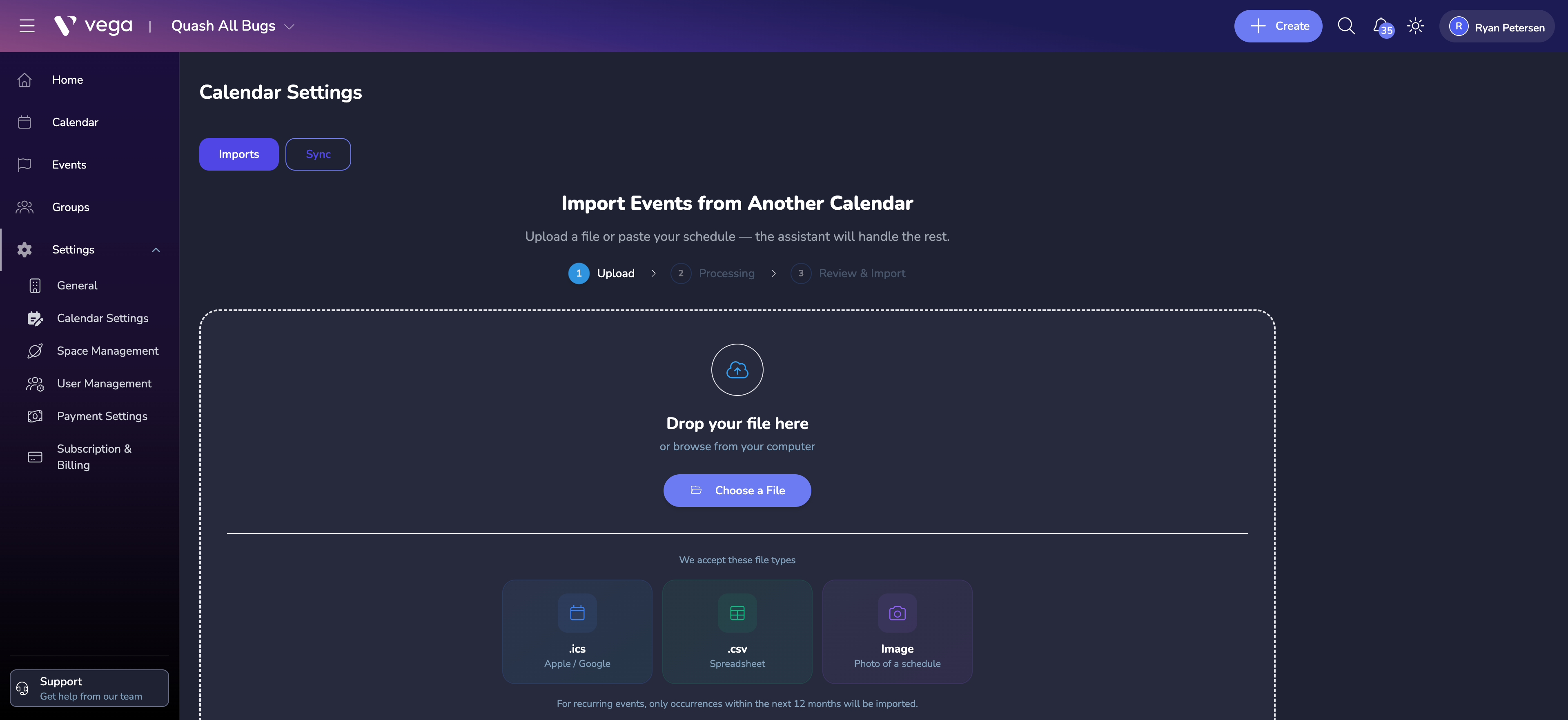 Calendar Settings page