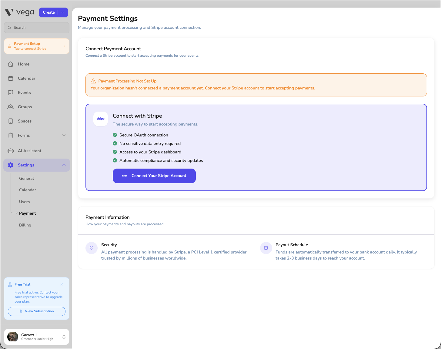 Payment Settings page before connecting, with the Connect Your Stripe Account button