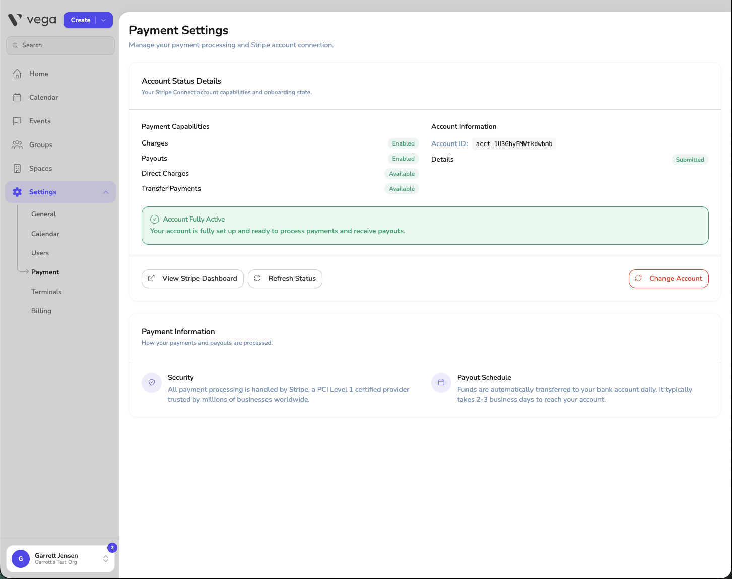 Payment Settings showing Account Fully Active with all capabilities enabled