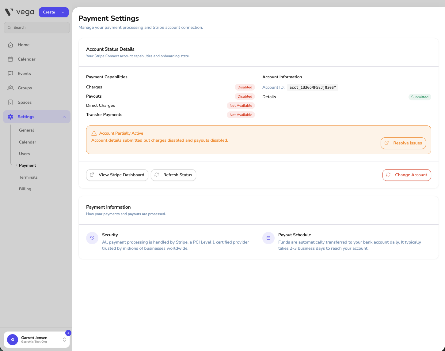 Payment Settings showing Account Partially Active with charges and payouts disabled