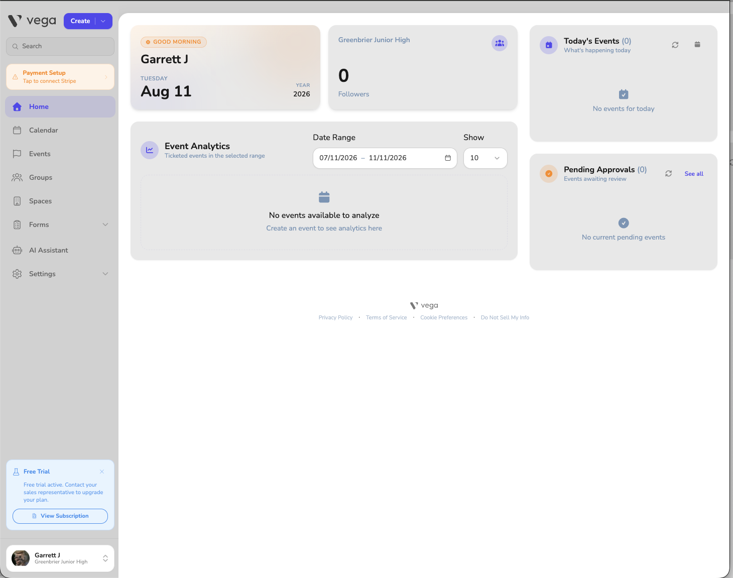 Vega admin home with the Payment Setup shortcut at the top of the sidebar