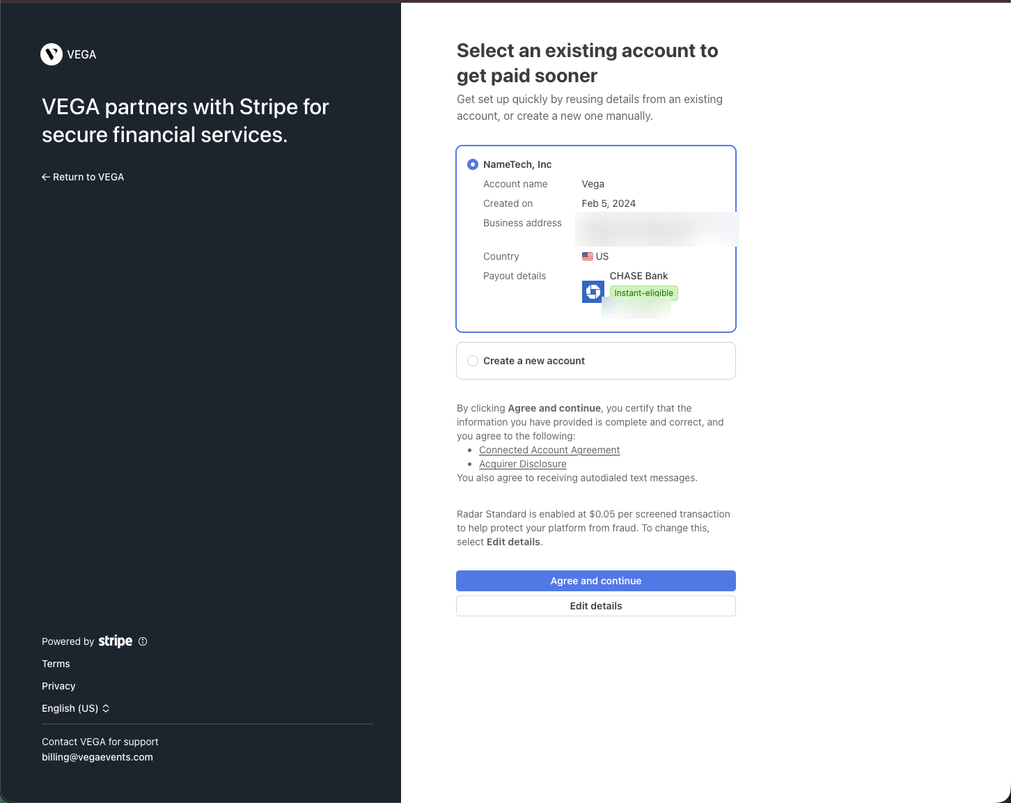 Stripe screen for reusing details from an existing account
