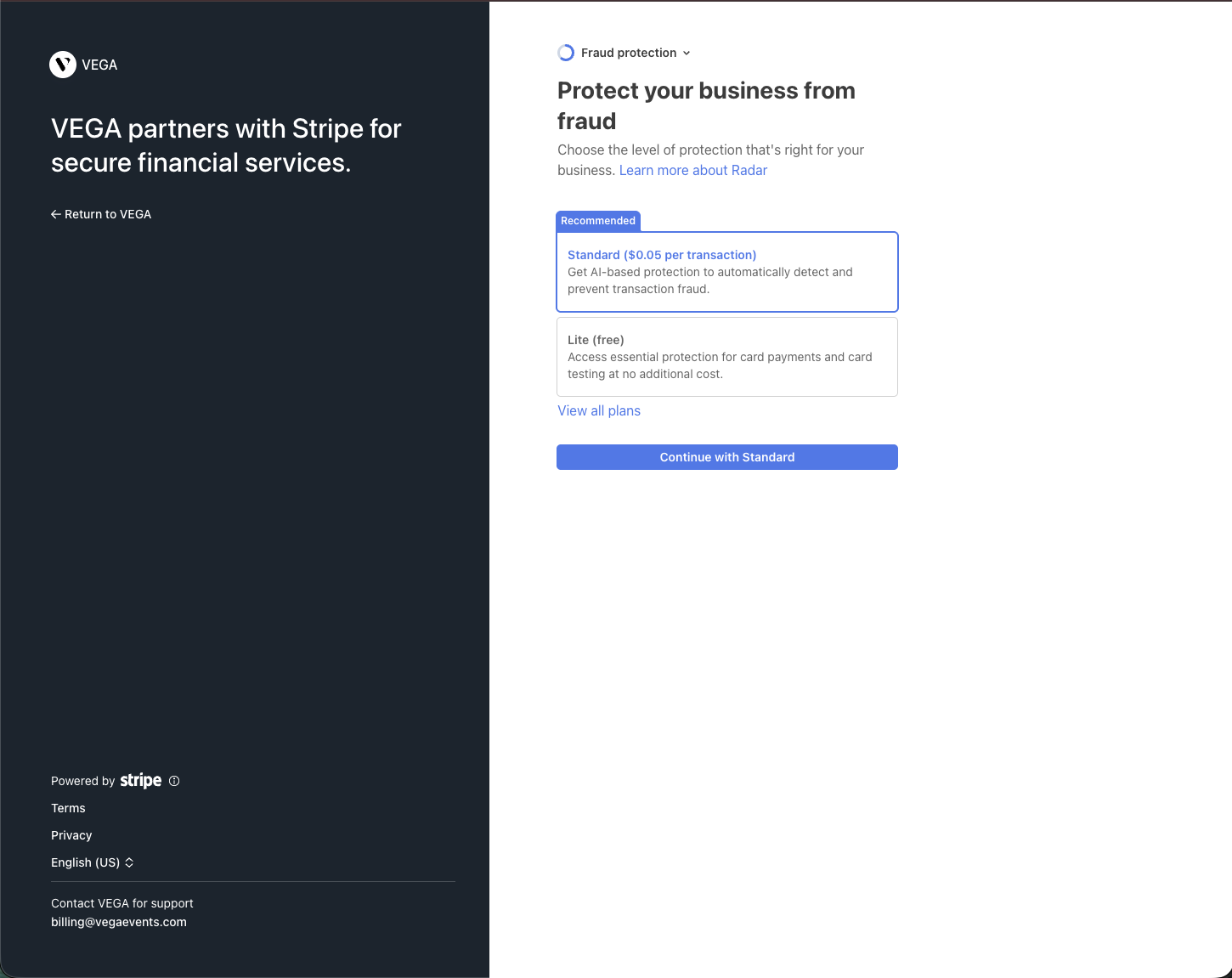 Stripe fraud protection choice between Radar Standard and Lite