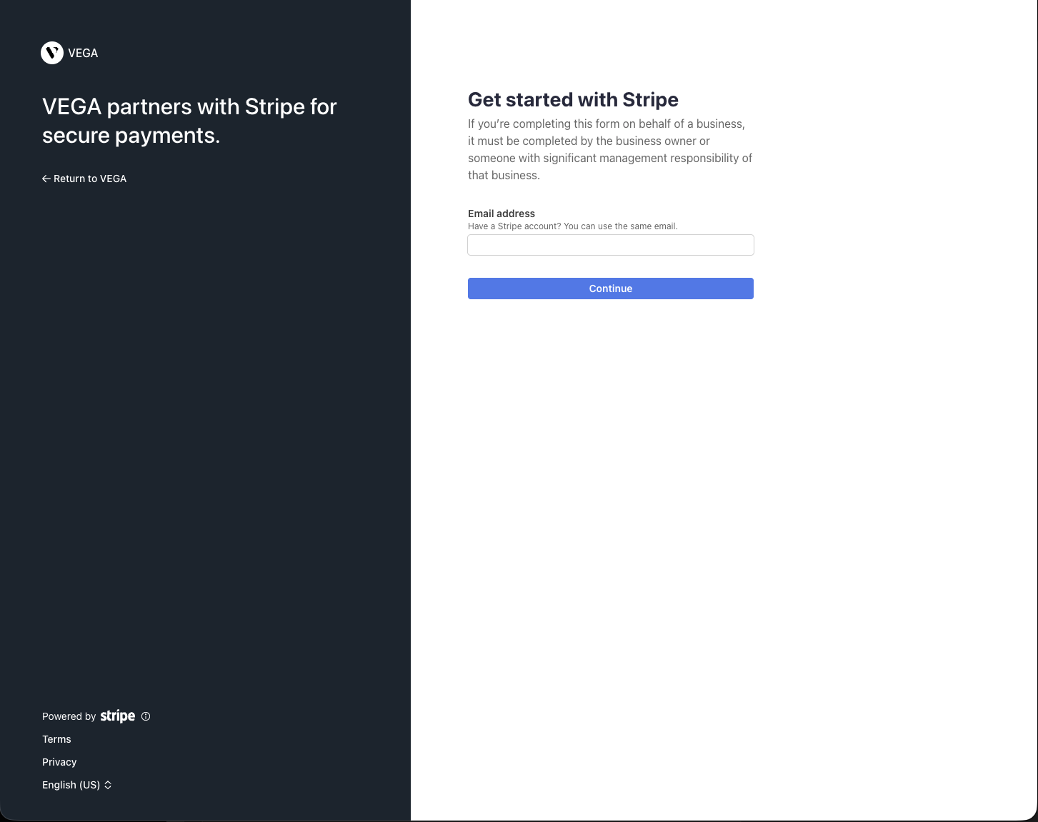 Stripe&rsquo;s Get started screen asking for an email address