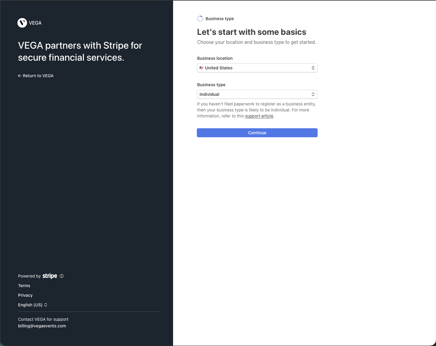 Stripe onboarding basics asking for business location and type