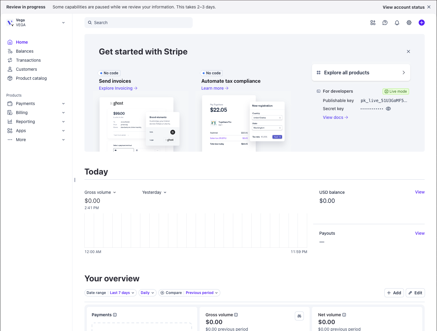 Stripe dashboard with a review in progress banner