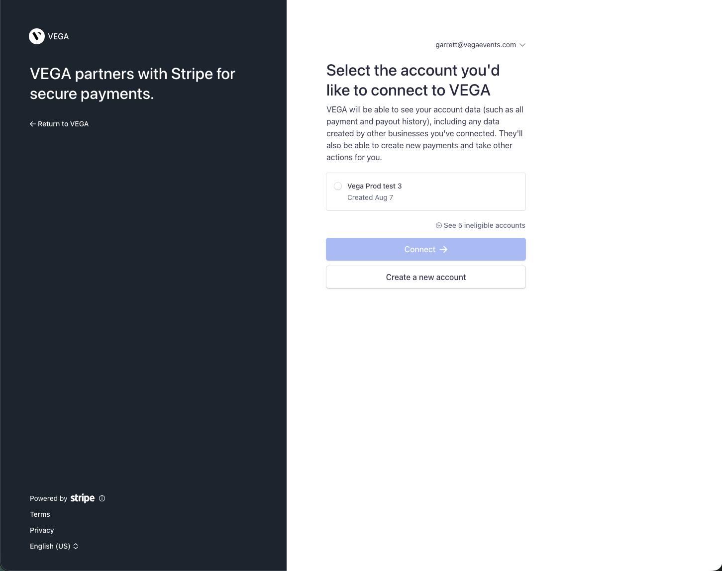 Stripe account selection screen with a Create a new account option