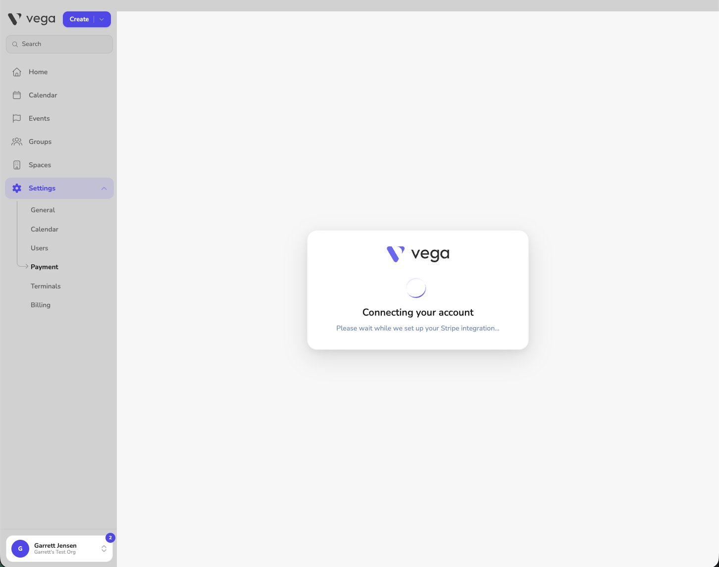 Vega connecting the newly created Stripe account
