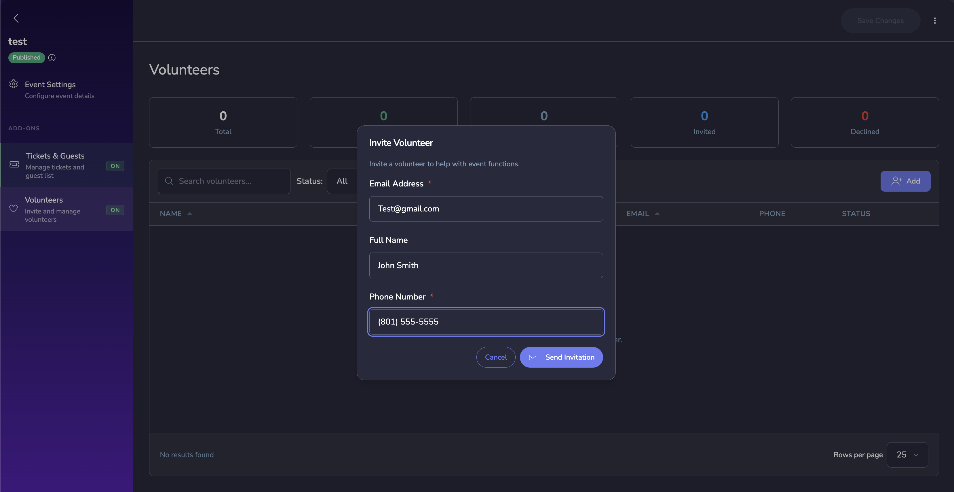 Entering volunteer details