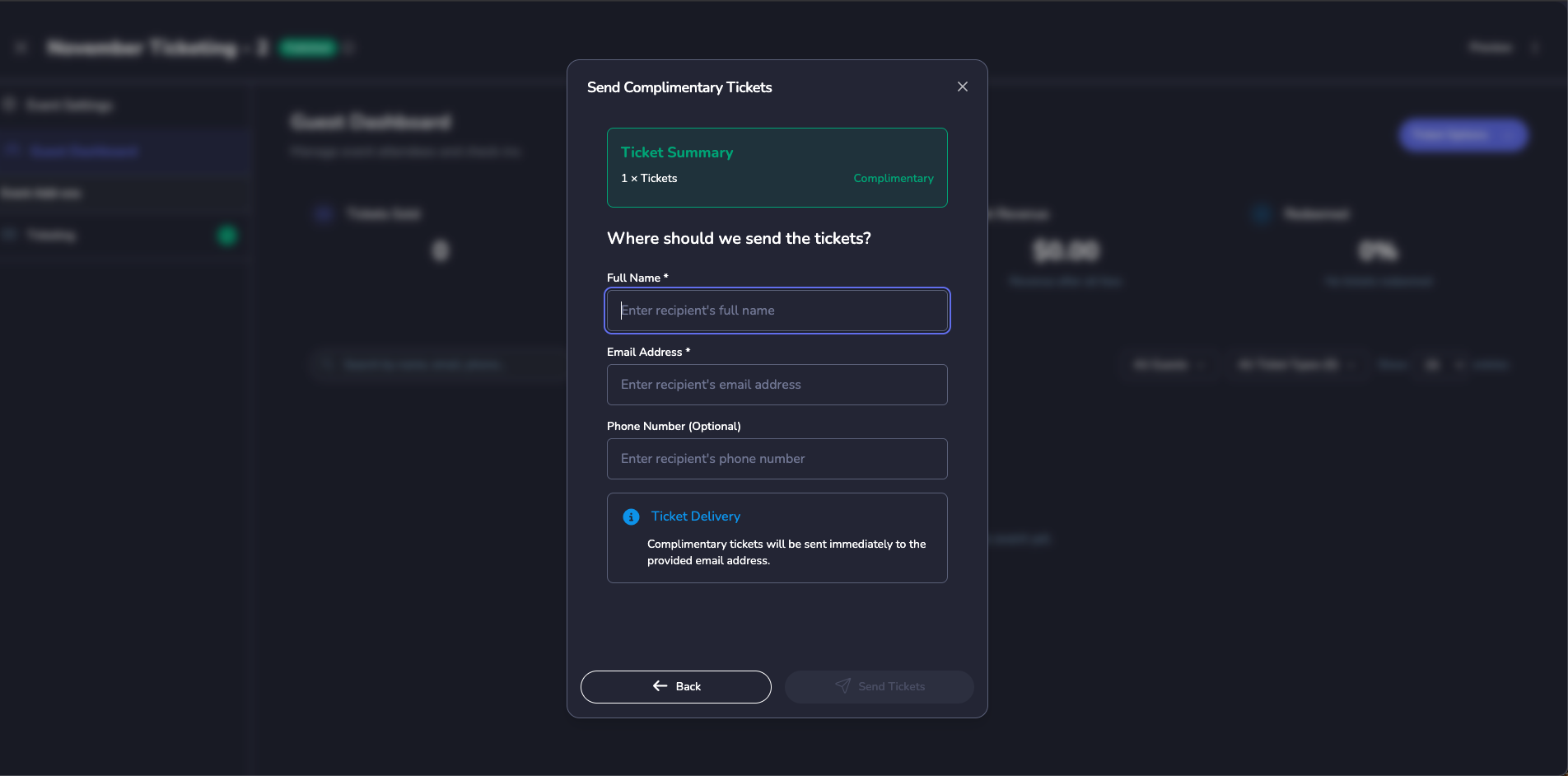 Single recipient complimentary ticket interface