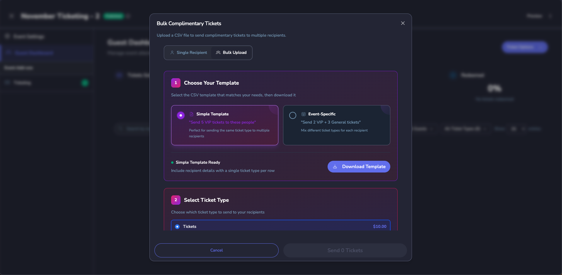 Bulk complimentary tickets interface showing template selection and CSV upload