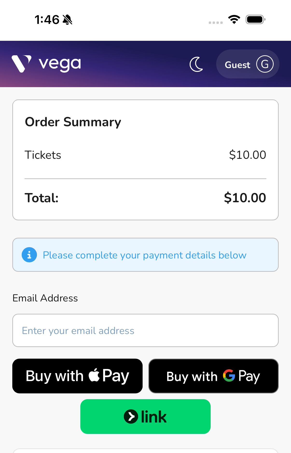 Guest checkout with Apple Pay, Google Pay, and Link payment options