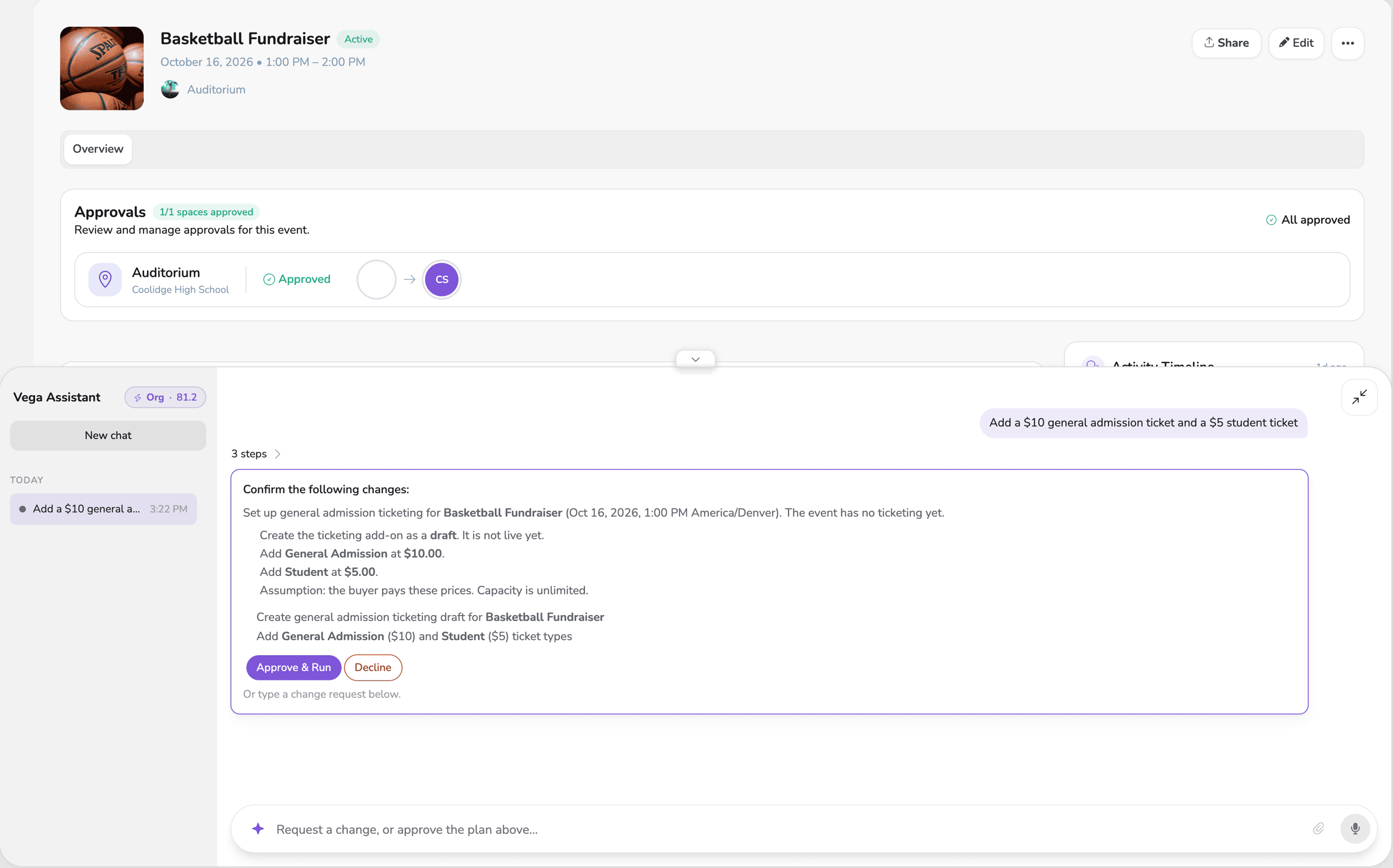 The AI Assistant on an event page, showing its plan to add a $10 general admission and a $5 student ticket, with Approve and Run and Decline buttons