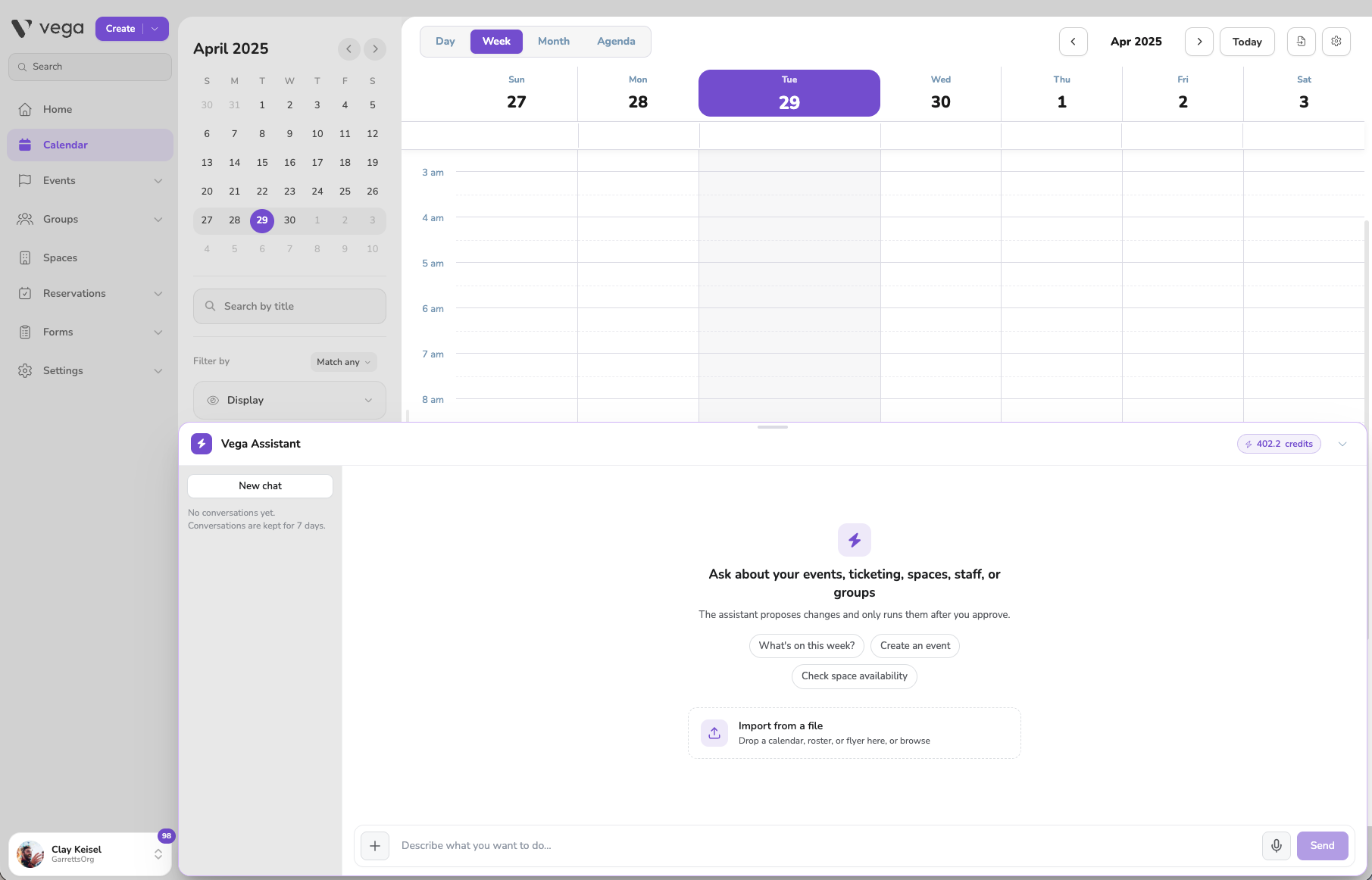Vega Assistant open over the April calendar, with prompts for the week, creating an event, and checking space availability
