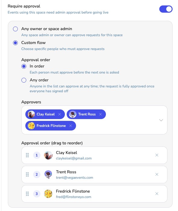 Vega Space Settings: require approval toggle and custom approval flow with in-order approvers