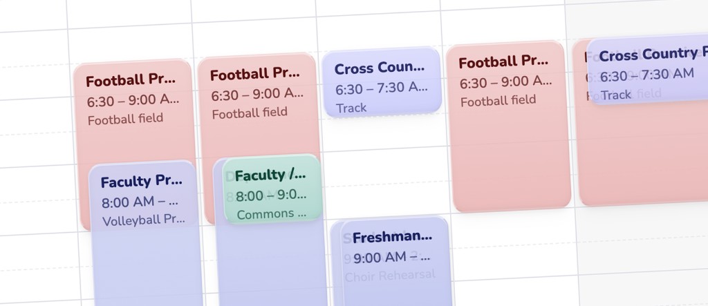 Calendar events for practices, games, and meetings