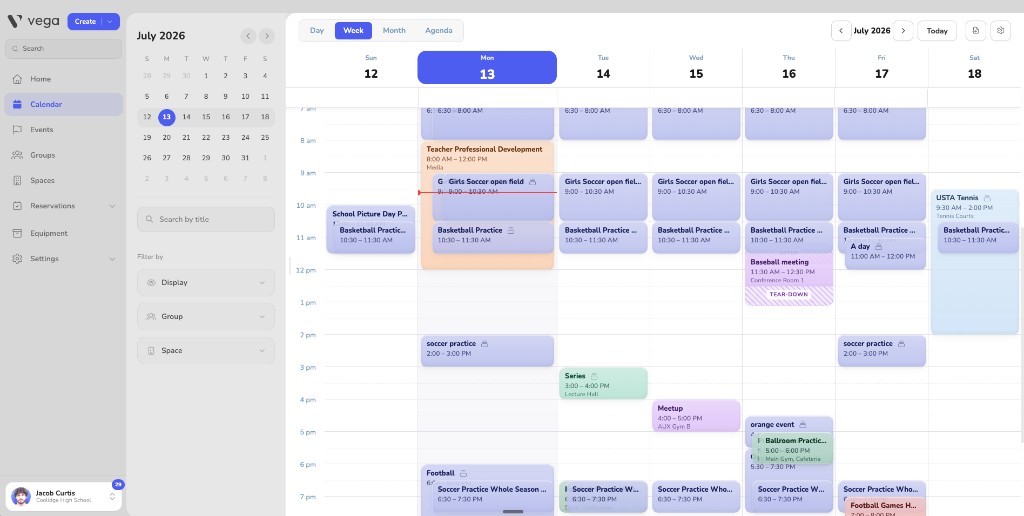 Vega calendar week view showing practices, games, and spaces for a school