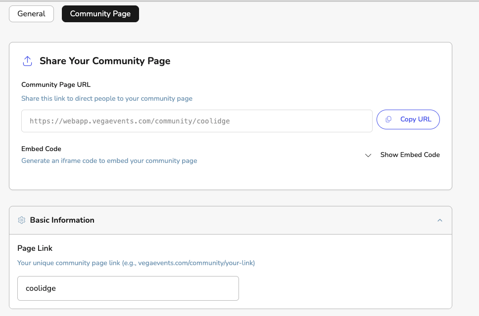 Vega Admin: Community Page settings with sharing, appearance, links, and contact sections