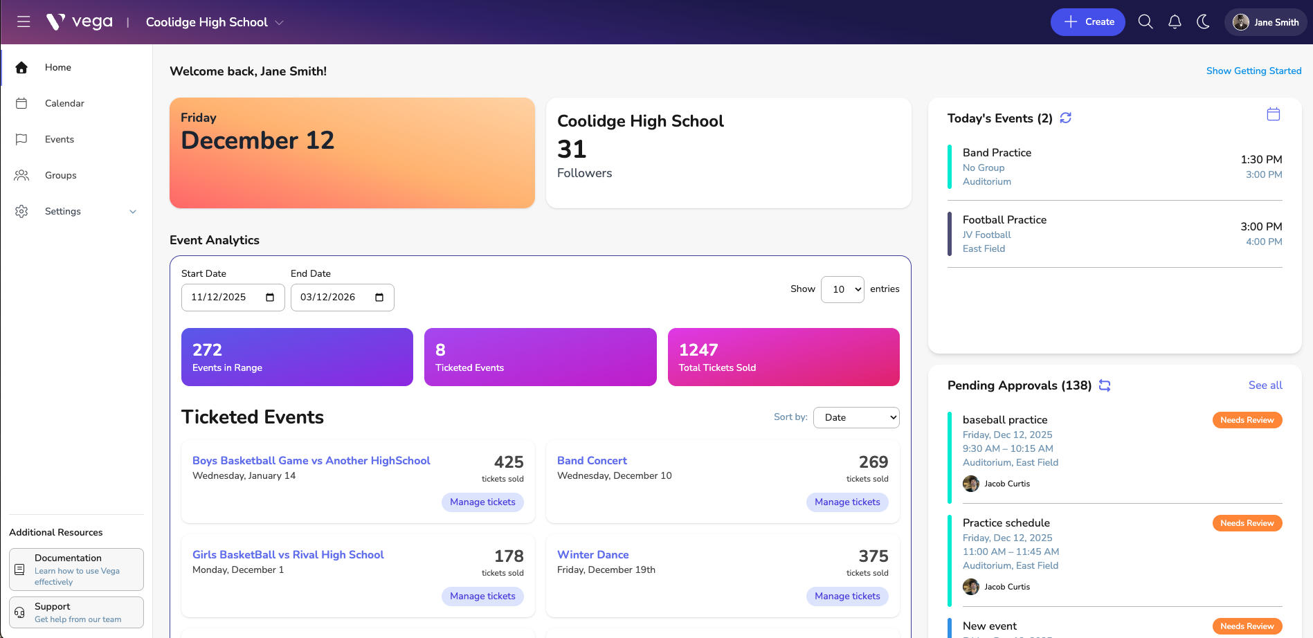 Vega event management dashboard