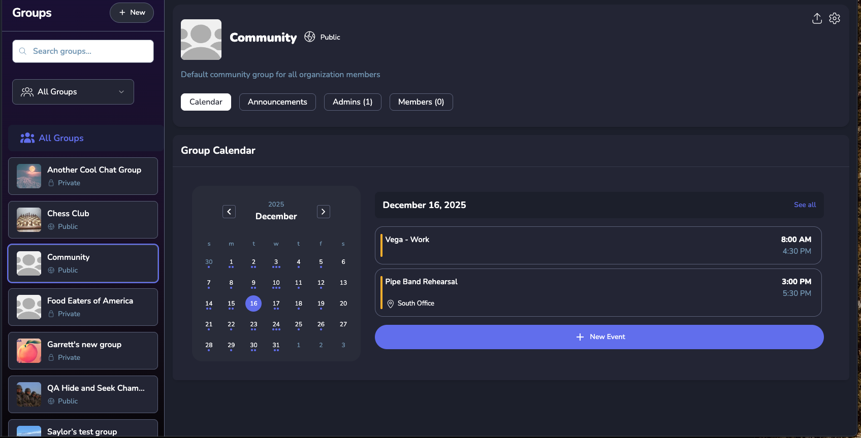 Vega Groups interface showing teams, clubs, and activities organized in one place with calendar view