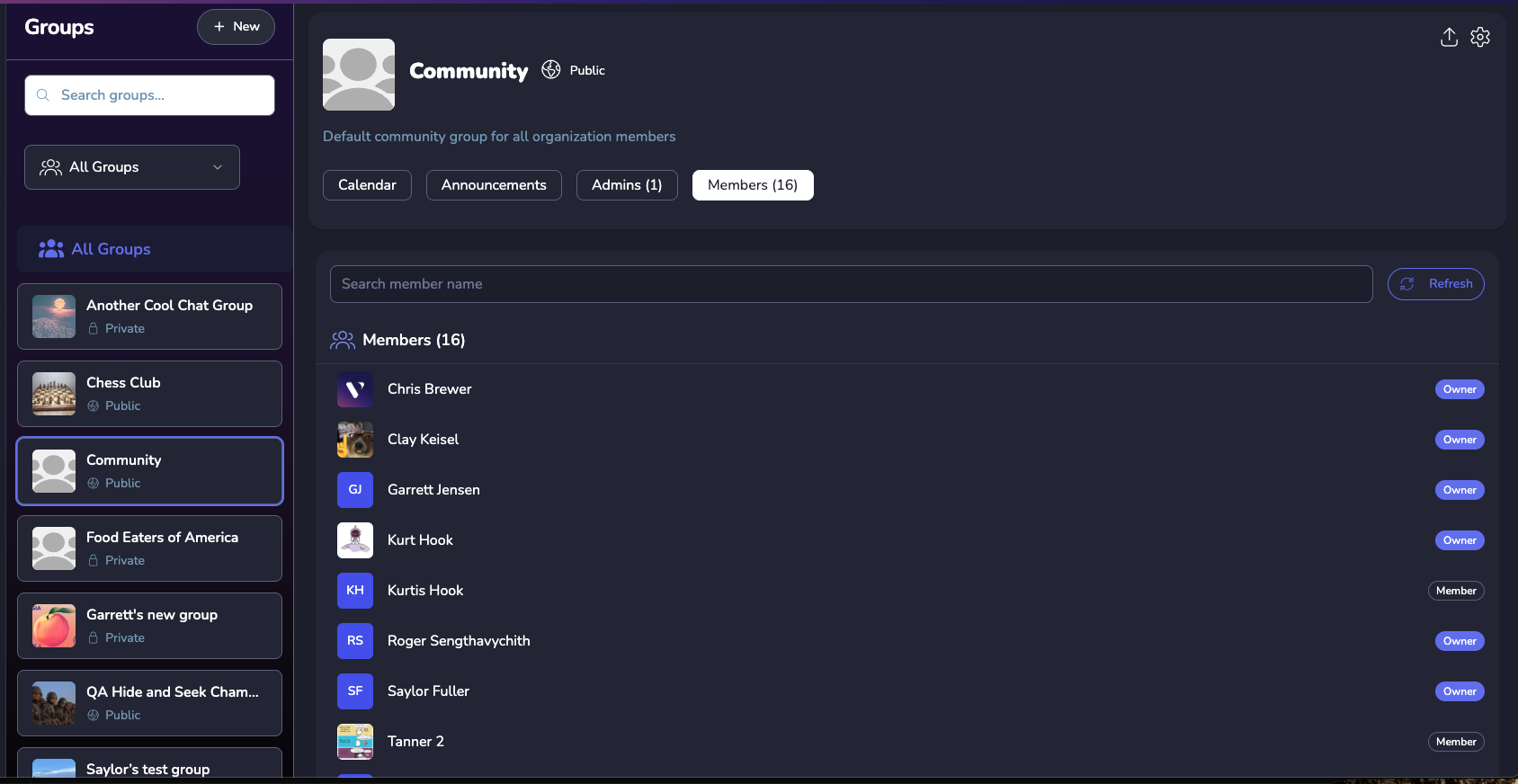 Groups interface showing member roster with roles and search functionality