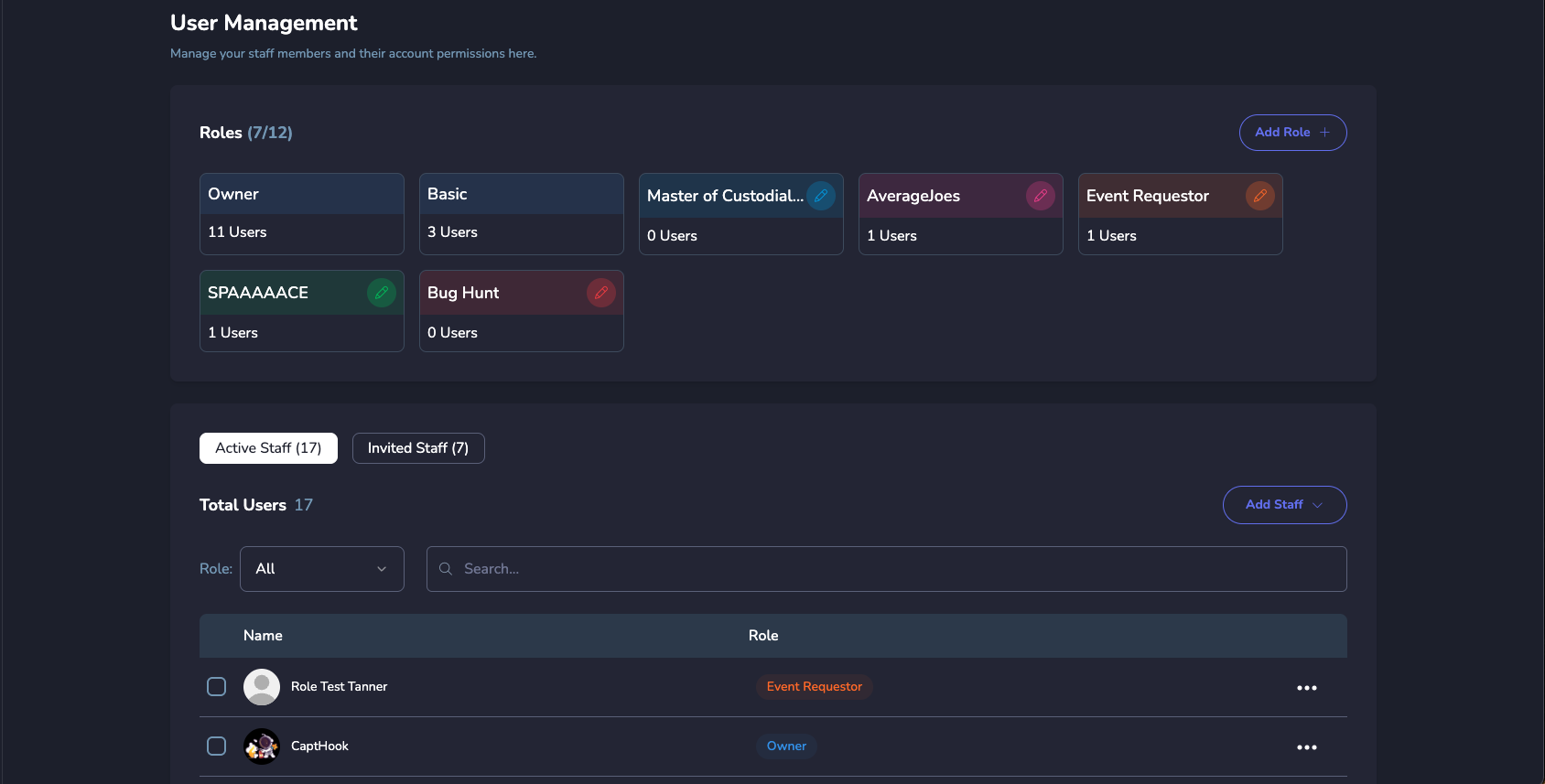 User Management interface showing roles and staff members with permissions