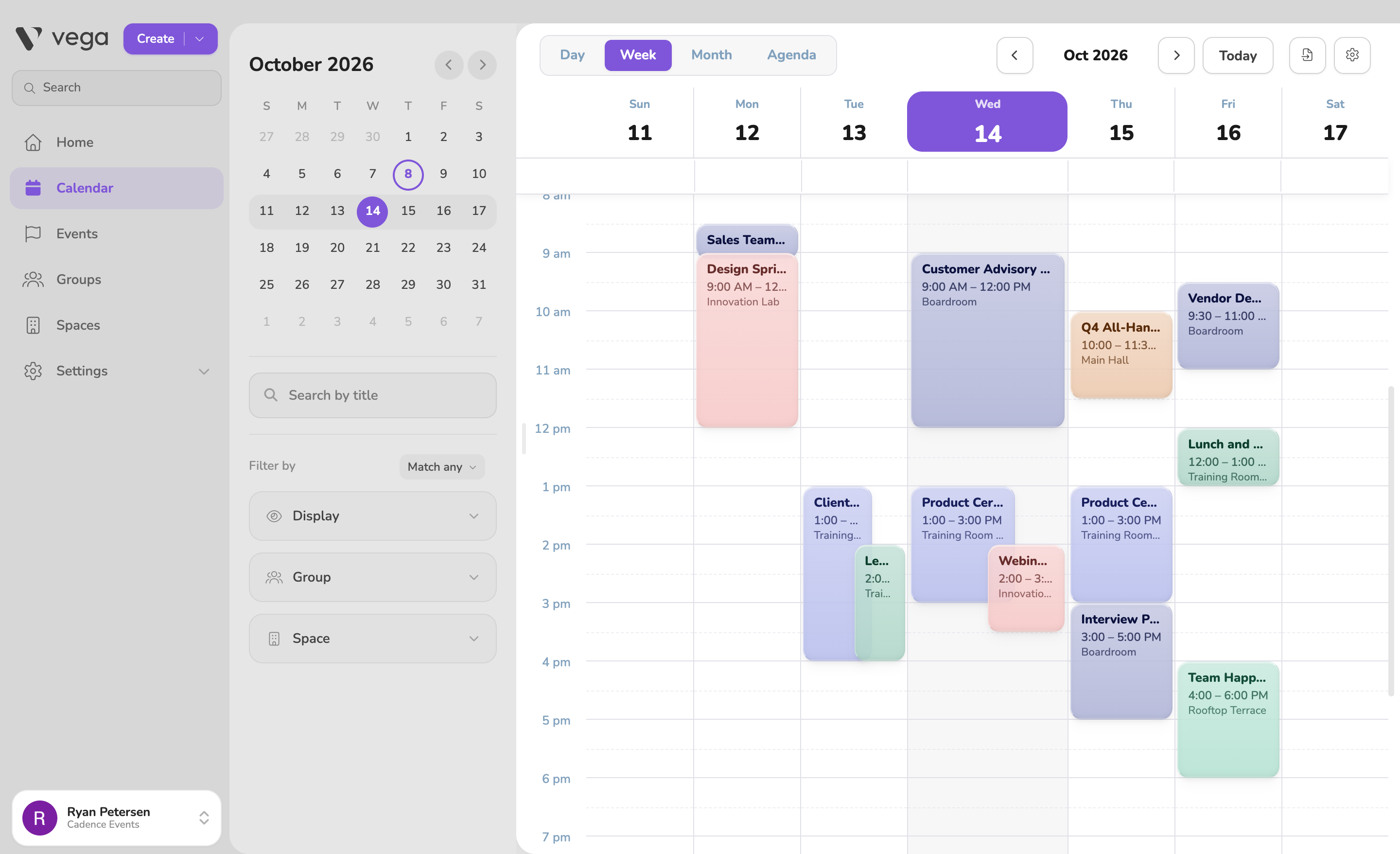 Vega calendar in week view, with events across rooms and groups