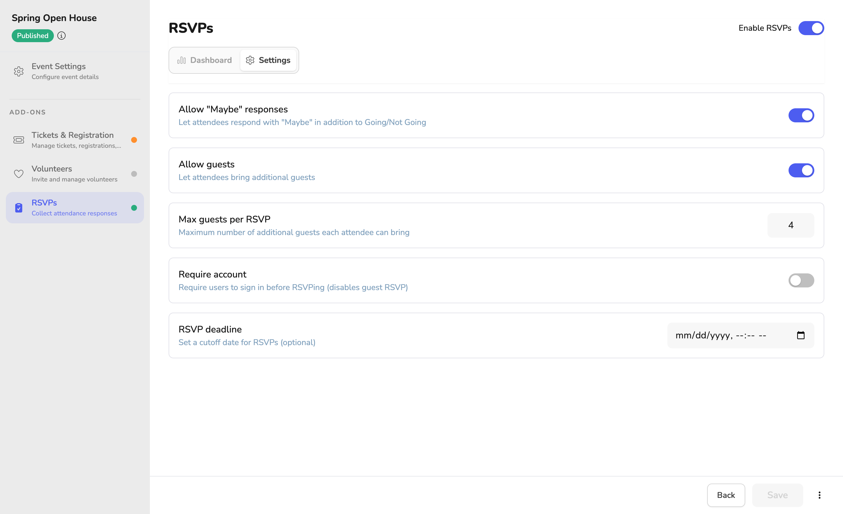 Vega RSVP settings: Maybe, guests, require account, deadline