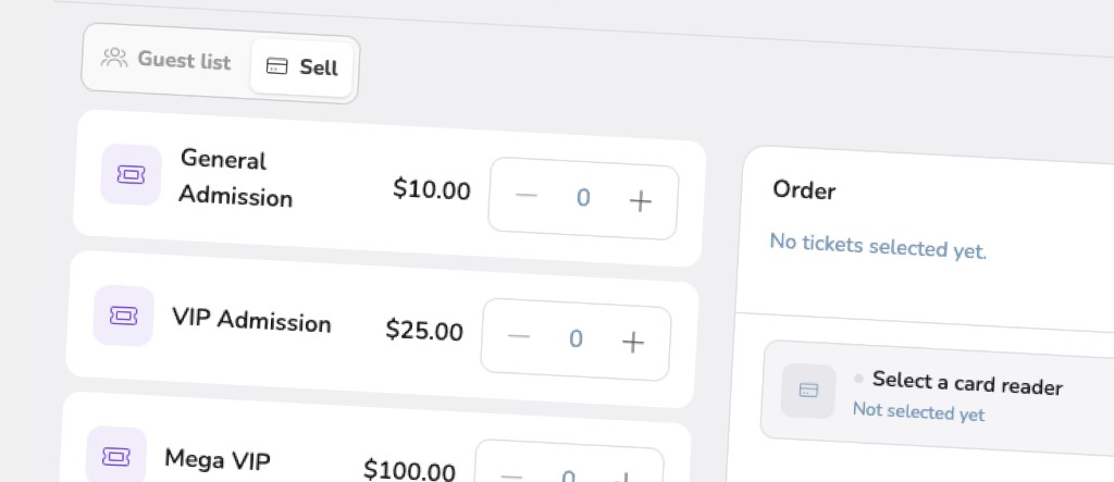 Selling tickets at the gate, with admission types and an order