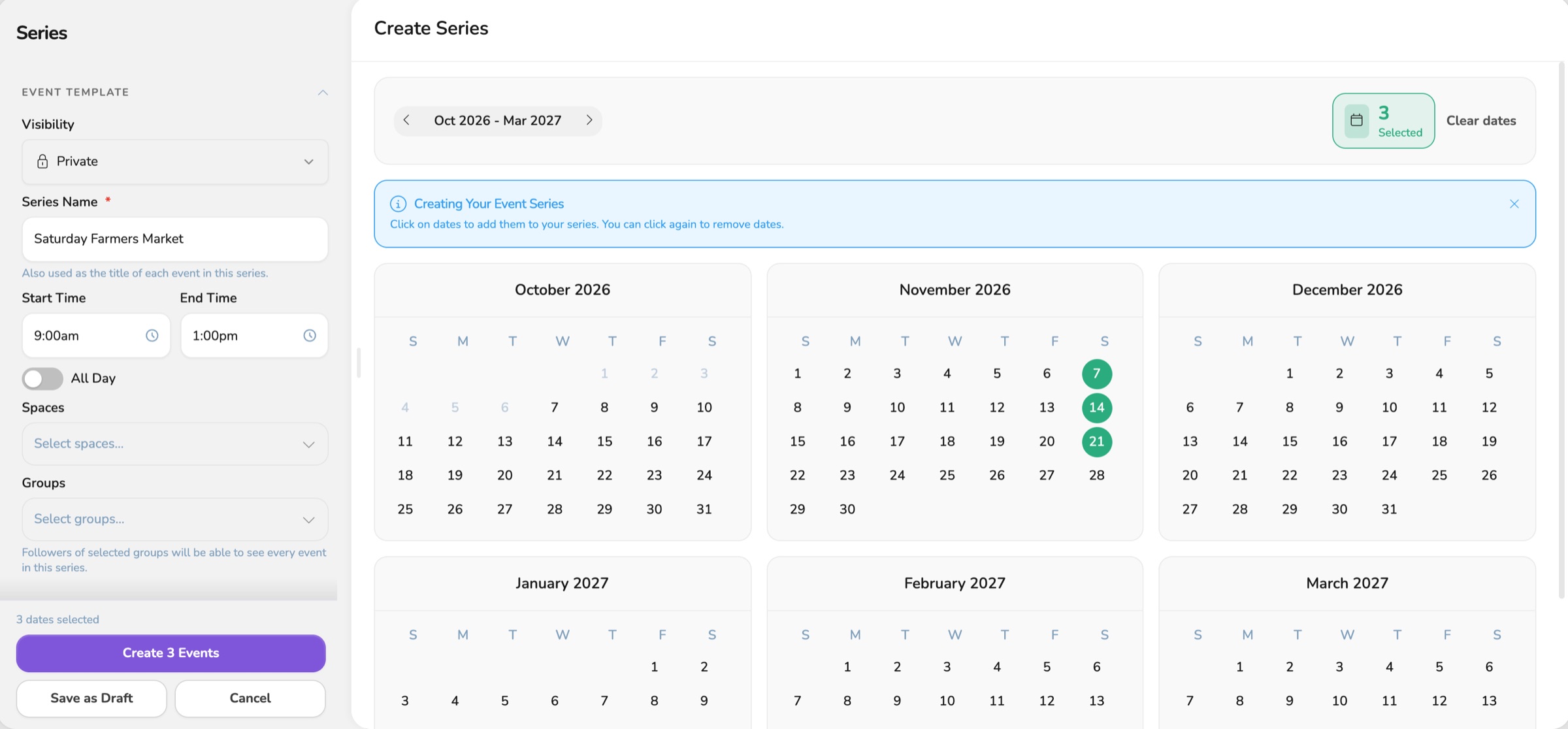 Vega Series Creator with the event template and the dates picked on the calendar