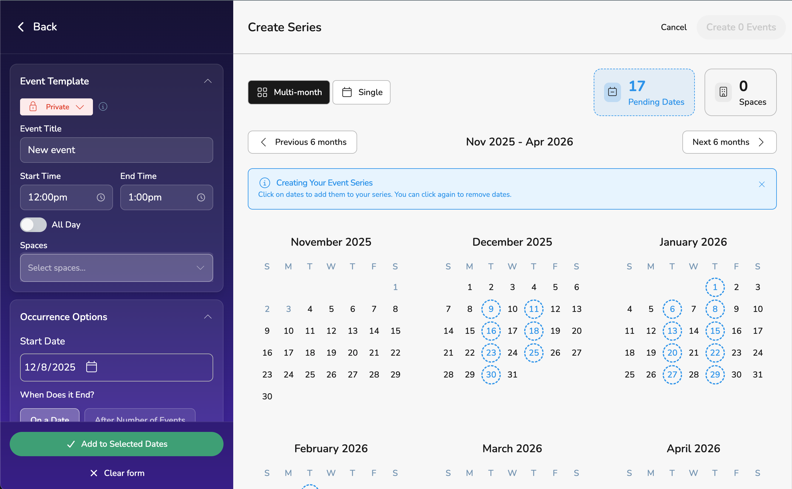 Vega series creator interface showing multi-month event scheduling