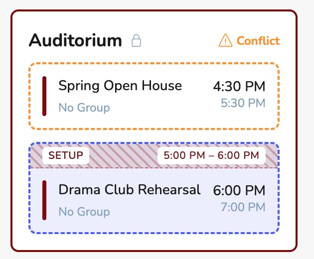 Vega detecting a space booking conflict caused by an event's setup buffer time