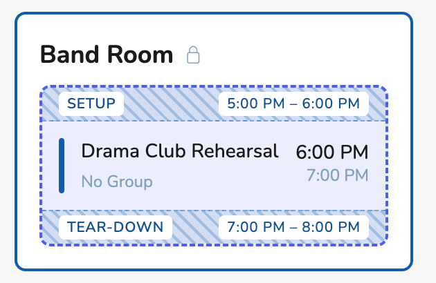 Vega space schedule showing setup, event, and tear-down time blocks for one event