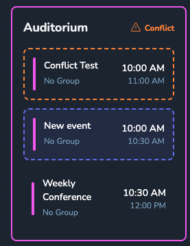 Individual event space conflict detail showing overlapping events in Auditorium