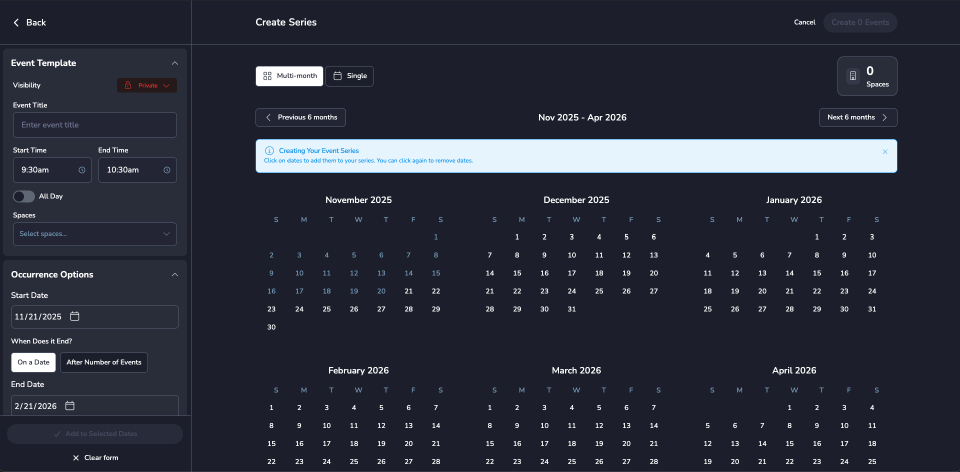 Vega Series Creator 6-month calendar view